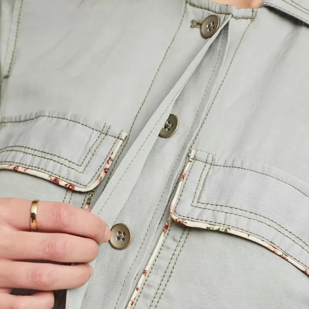 ANTHROPOLOGIE | Light Sage Green Jacket Linen Floral Piped Trucker Jacket | XL - Picture 4 of 15